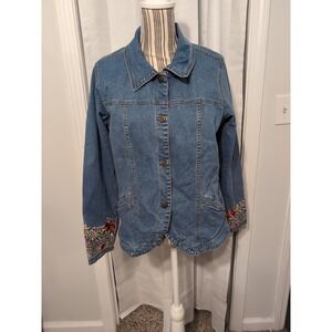 Denim Co. Jacket Blue Floral Embroidered Cuff Button Front Vintage Womens Medium
